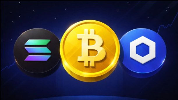 Solana, Bitcoin and Chainlink coins